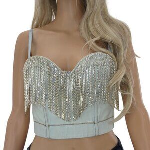 Concert Swiftie Bling Tassel Fringe Denim Crop Corset Bustier Nightclub Top Sz S